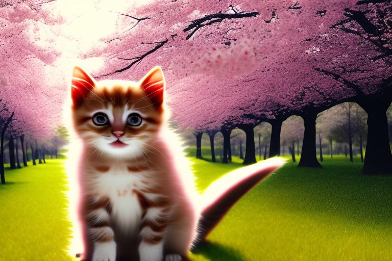 Cute blonde kitten with golden eyes playing in the park that is surrounded by sakura trees with a black kitten with dark eyes